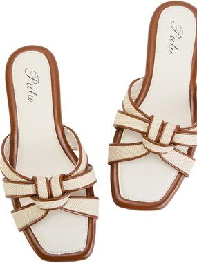 🆕Women's Brown Flat Sandals Square Toe Slide Sandals Cute Braided for Vacation